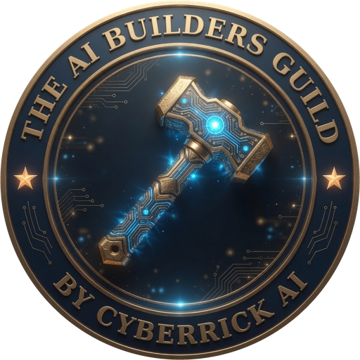 The AI Builders Guild seal — a glowing circuit hammer beneath a gold ring reading The AI Builders Guild, by CyberRick AI.